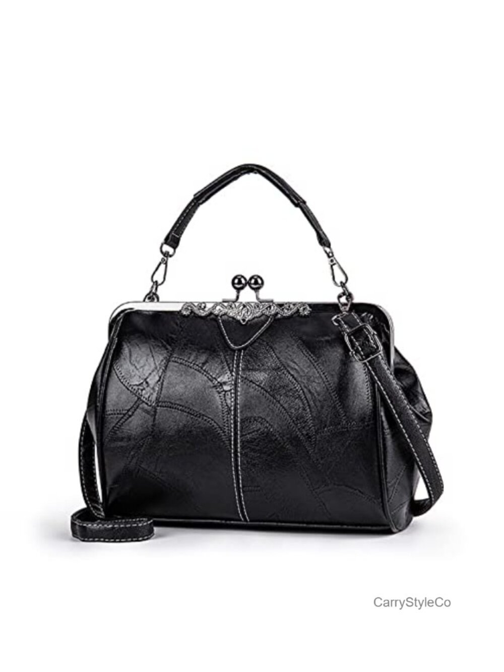 Vintage Faux Leather Kiss Lock Satchel Purse Womens Crossbody Handbag